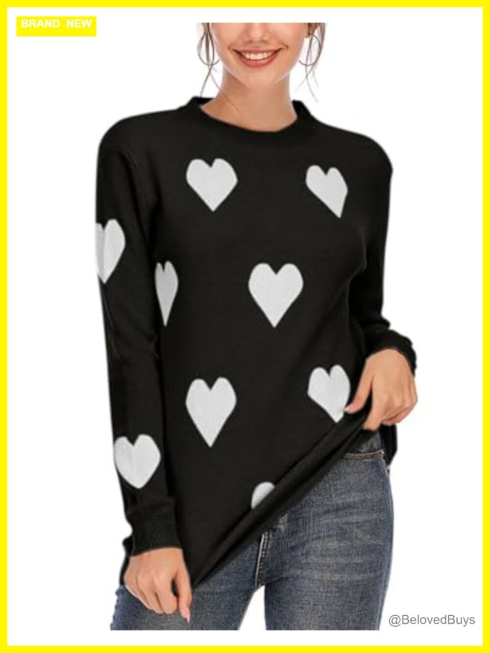 Heart Sweater Womens Long Sleeve Crew Neck Loose Knit Pullover Valentines